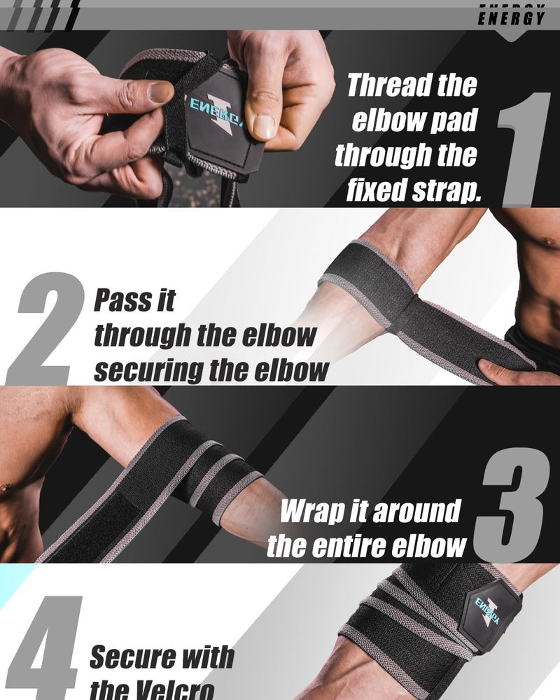 kcross Elbow Wraps for Weightlifting, 47" Strengthening support Elbow Sleeve Weightlifting (1 Pair) for Powerlifting, Bench Press, Gym Workout (Gray) - Image 5